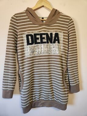 DEENA Denmark Striped Hoodie Tunic Dress Lace & Sequins EUC Sz S Scandi Coastal